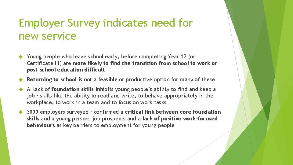 Employer Survey indicates need for new service Young people who leave school early, before