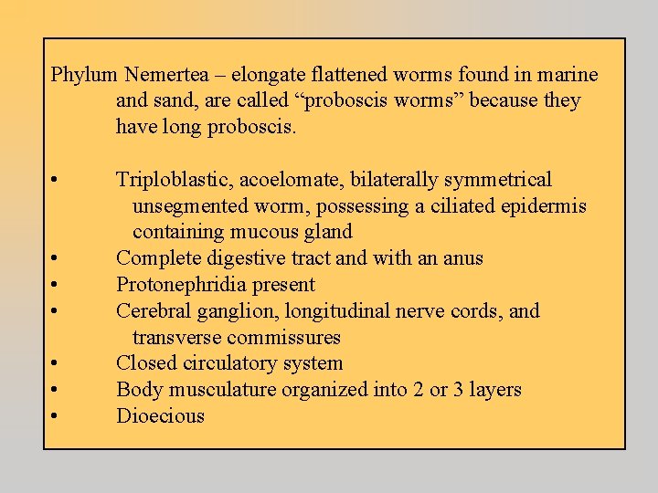 Phylum Nemertea – elongate flattened worms found in marine and sand, are called “proboscis