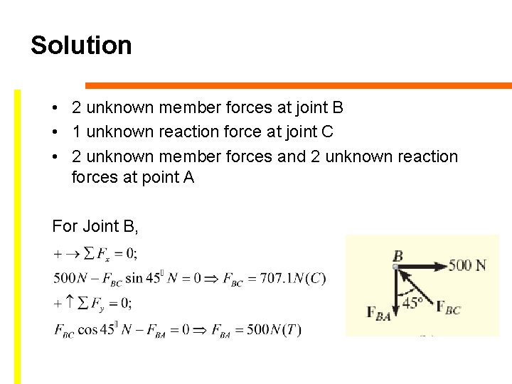 Solution • 2 unknown member forces at joint B • 1 unknown reaction force