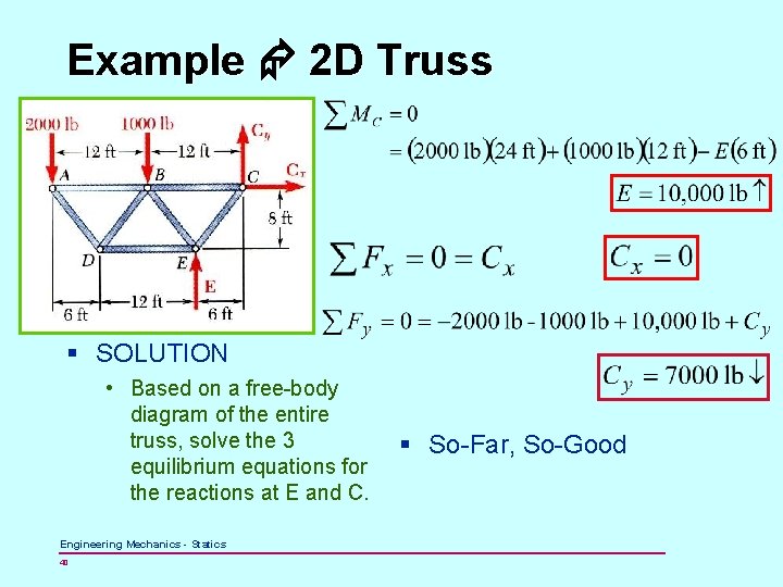 Example 2 D Truss § SOLUTION • Based on a free-body diagram of the