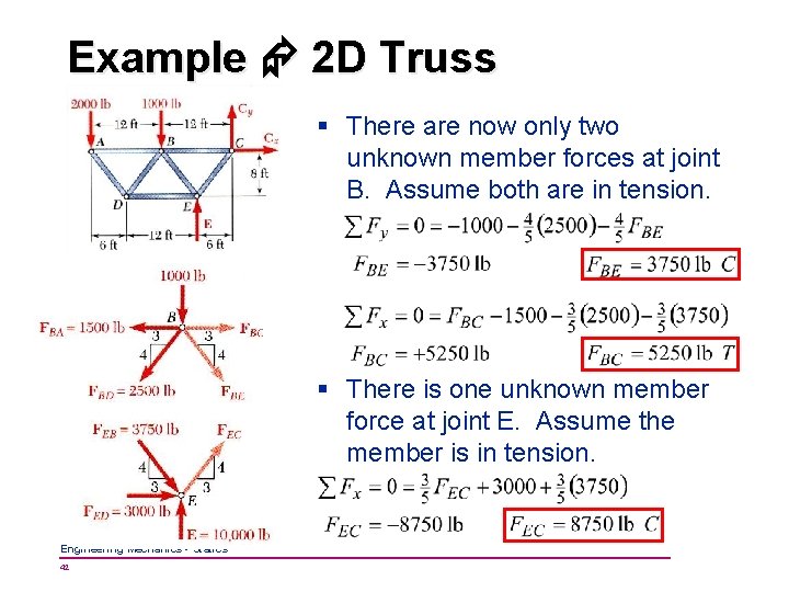 Example 2 D Truss § There are now only two unknown member forces at