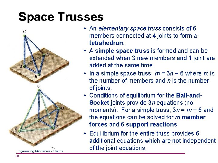 Space Trusses Engineering Mechanics - Statics 56 • An elementary space truss consists of