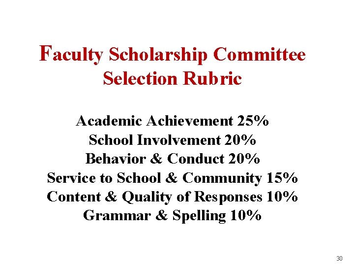 Faculty Scholarship Committee Selection Rubric Academic Achievement 25% School Involvement 20% Behavior & Conduct