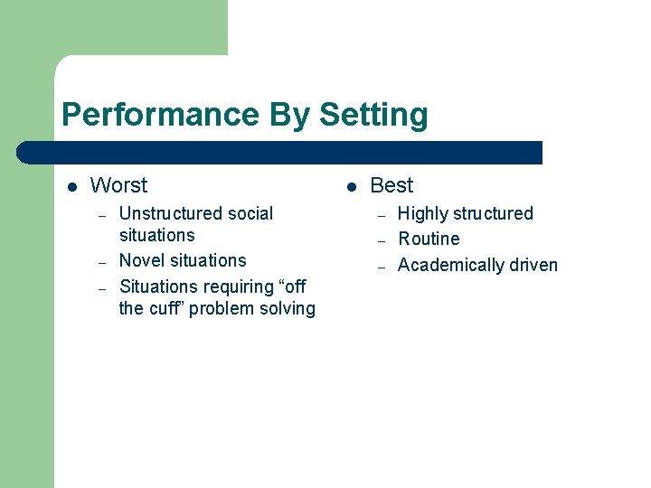 Performance By Setting l Worst – – – Unstructured social situations Novel situations Situations