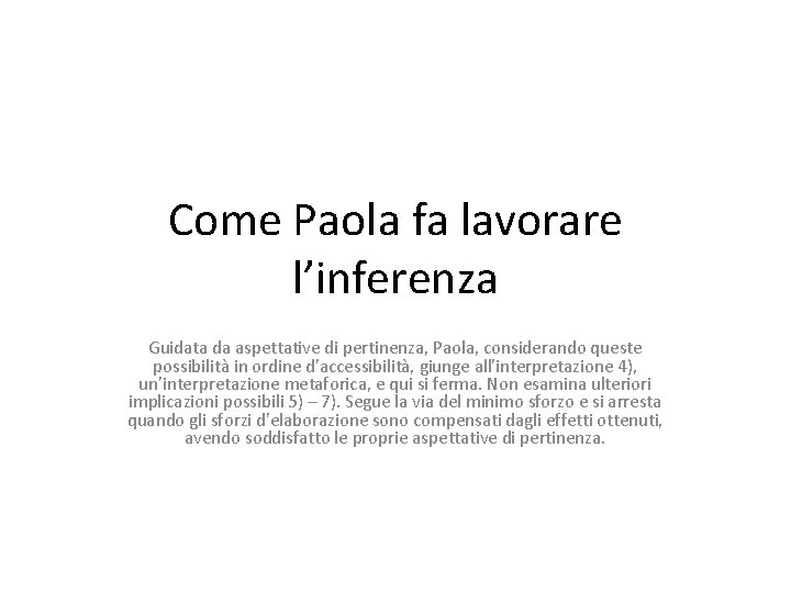 Come Paola fa lavorare l’inferenza Guidata da aspettative di pertinenza, Paola, considerando queste possibilità