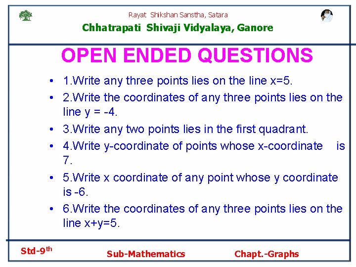 Rayat Shikshan Sanstha, Satara Chhatrapati Shivaji Vidyalaya, Ganore OPEN ENDED QUESTIONS • 1. Write