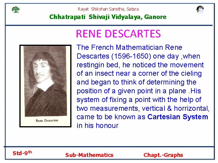 Rayat Shikshan Sanstha, Satara Chhatrapati Shivaji Vidyalaya, Ganore RENE DESCARTES The French Mathematician Rene
