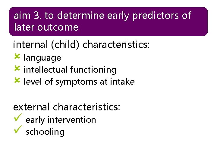 aim 3. to determine early predictors of later outcome internal (child) characteristics: û language aim 3. to determine early predictors of later outcome internal (child) characteristics: û language