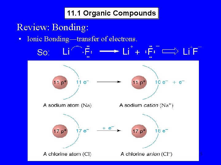 11. 1 Organic Compounds Review: Bonding: • Ionic Bonding—transfer of electrons. So: 5 