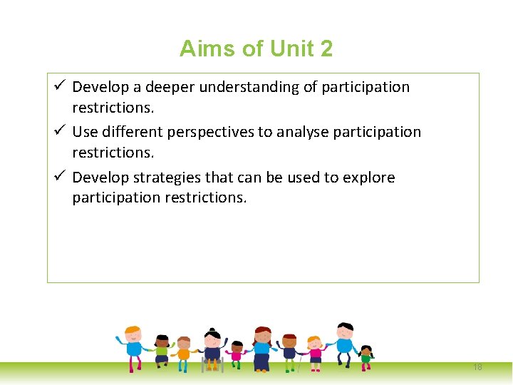 Aims of Unit 2 ü Develop a deeper understanding of participation restrictions. ü Use