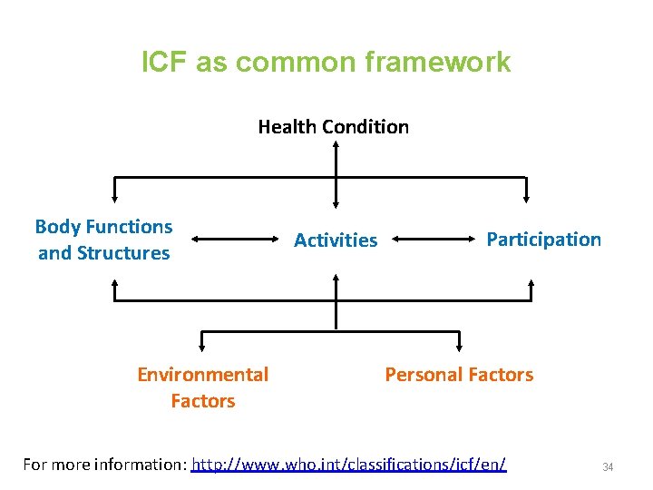 ICF as common framework Health Condition Body Functions and Structures Environmental Factors Activities Participation