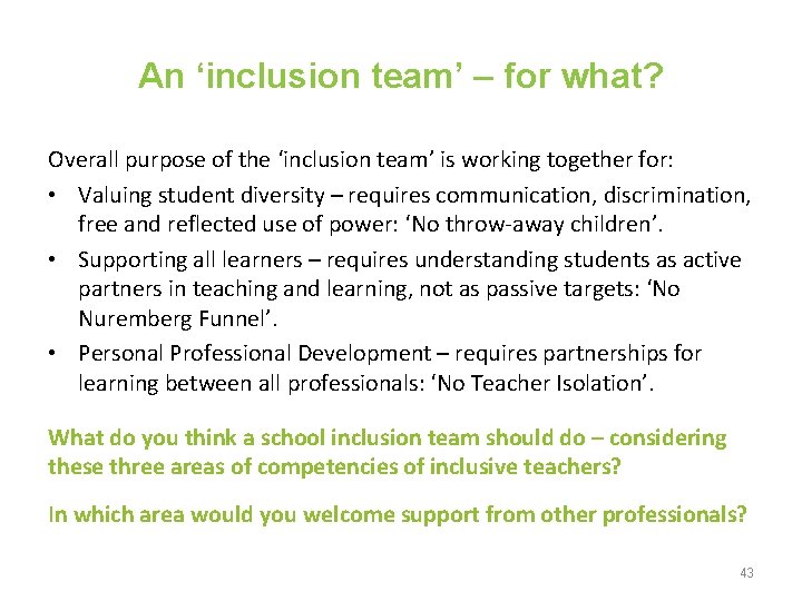 An ‘inclusion team’ – for what? Overall purpose of the ‘inclusion team’ is working