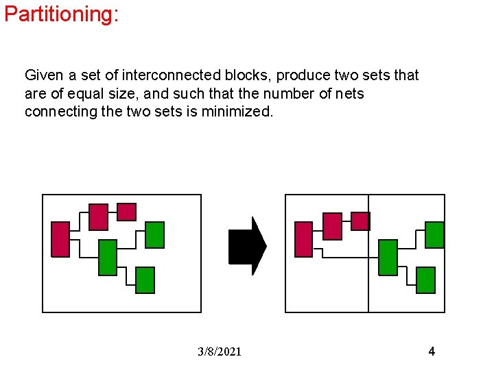 Partitioning: Given a set of interconnected blocks, produce two sets that are of equal