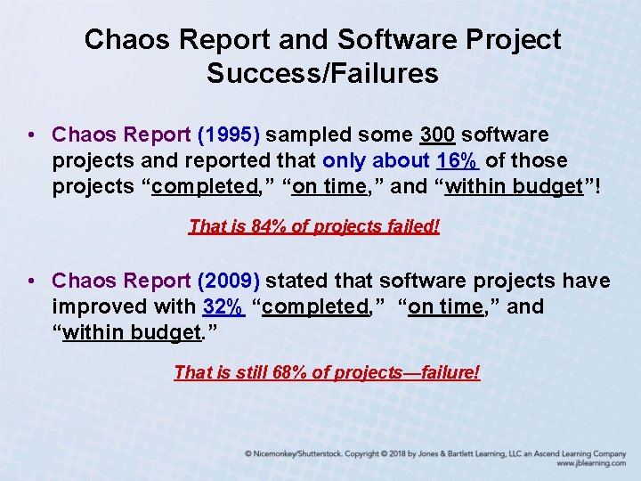 Chaos Report and Software Project Success/Failures • Chaos Report (1995) sampled some 300 software