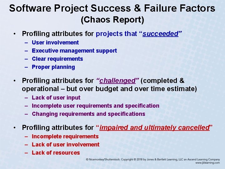 Software Project Success & Failure Factors (Chaos Report) • Profiling attributes for projects that