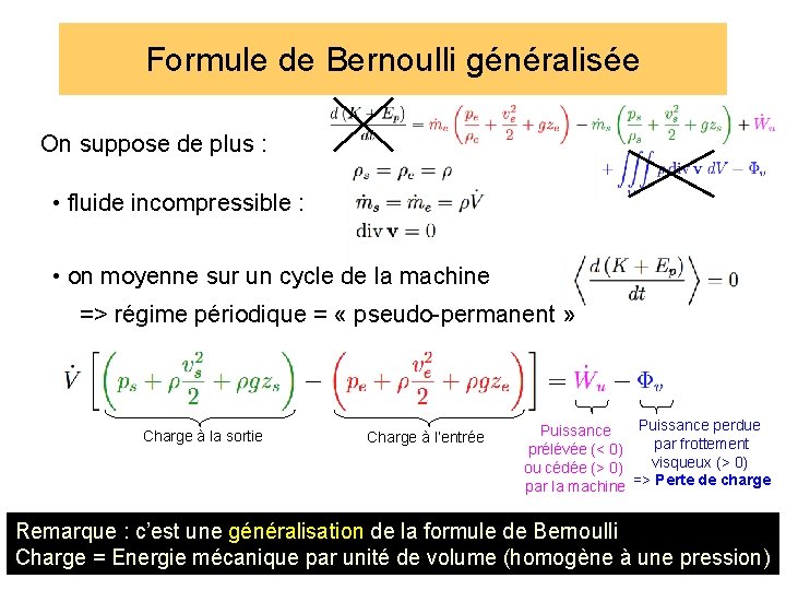 Formule de Bernoulli généralisée On suppose de plus : • fluide incompressible : •