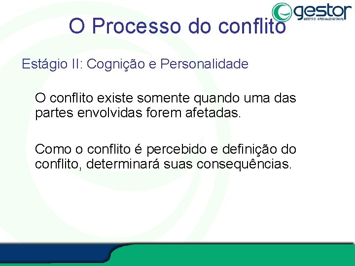 O Processo do conflito Estágio II: Cognição e Personalidade O conflito existe somente quando