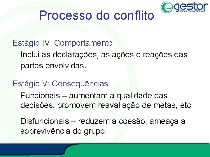 Processo do conflito Estágio IV: Comportamento Inclui as declarações, as ações e reações das