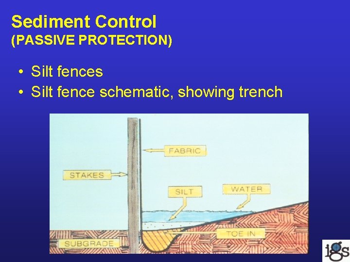 Sediment Control (PASSIVE PROTECTION) • Silt fences • Silt fence schematic, showing trench Sediment Control (PASSIVE PROTECTION) • Silt fences • Silt fence schematic, showing trench