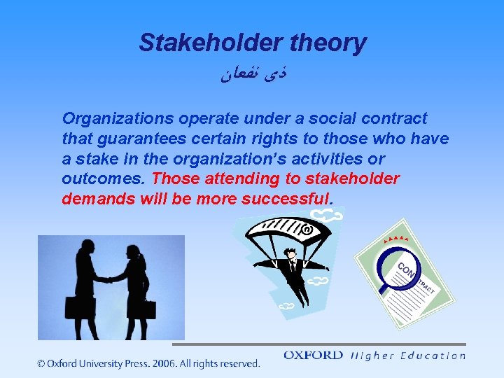 Stakeholder theory ﺫی ﻧﻔﻌﺎﻥ Organizations operate under a social contract that guarantees certain rights