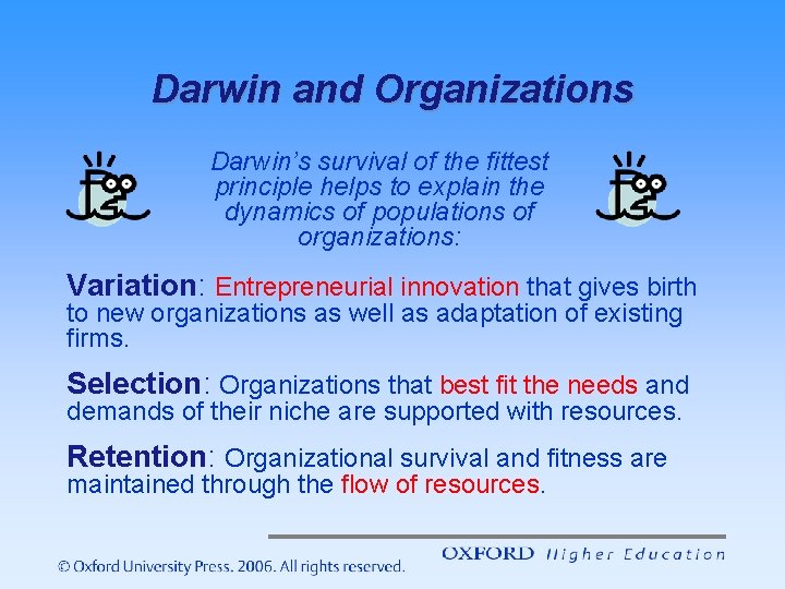 Darwin and Organizations Darwin’s survival of the fittest principle helps to explain the dynamics
