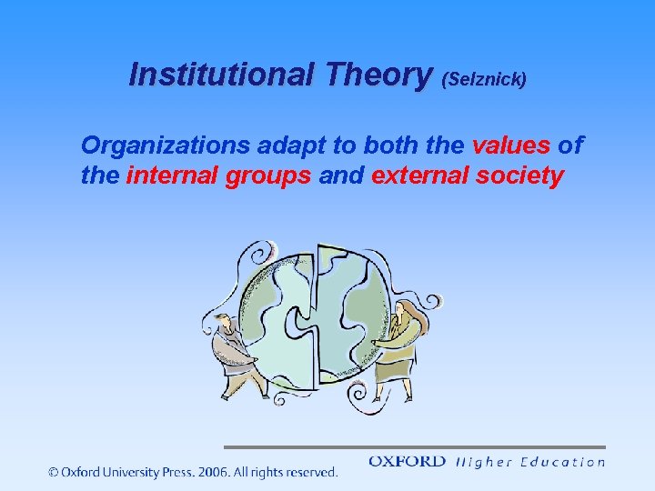 Institutional Theory (Selznick) Organizations adapt to both the values of the internal groups and