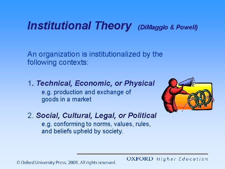 Institutional Theory (Di. Maggio & Powell) An organization is institutionalized by the following contexts: