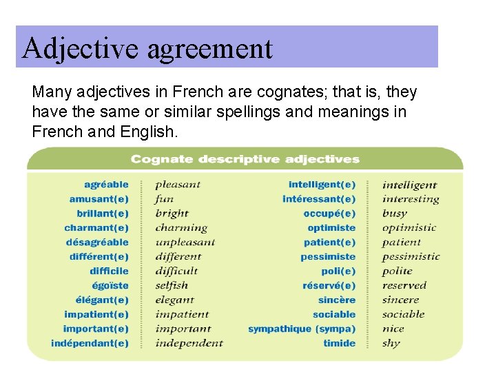 Adjective agreement Many adjectives in French are cognates; that is, they have the same