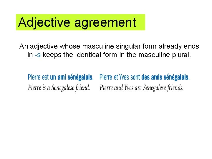 Adjective agreement An adjective whose masculine singular form already ends in -s keeps the