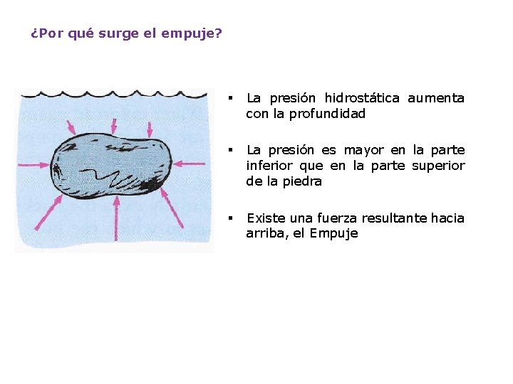 ¿Por qué surge el empuje? § La presión hidrostática aumenta con la profundidad §