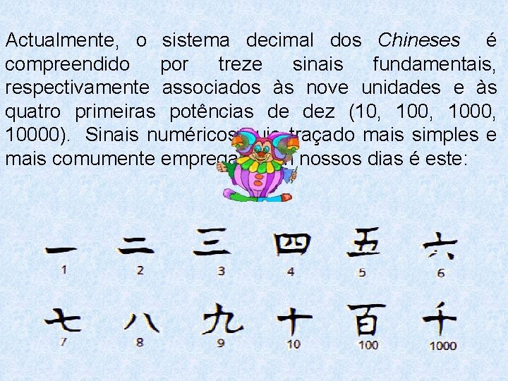Actualmente, o sistema decimal dos Chineses é compreendido por treze sinais fundamentais, respectivamente associados
