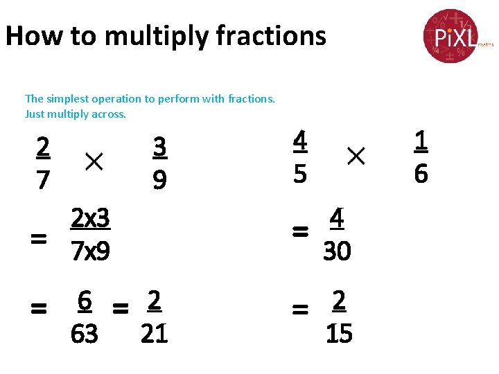 How to multiply fractions The simplest operation to perform with fractions. Just multiply across.