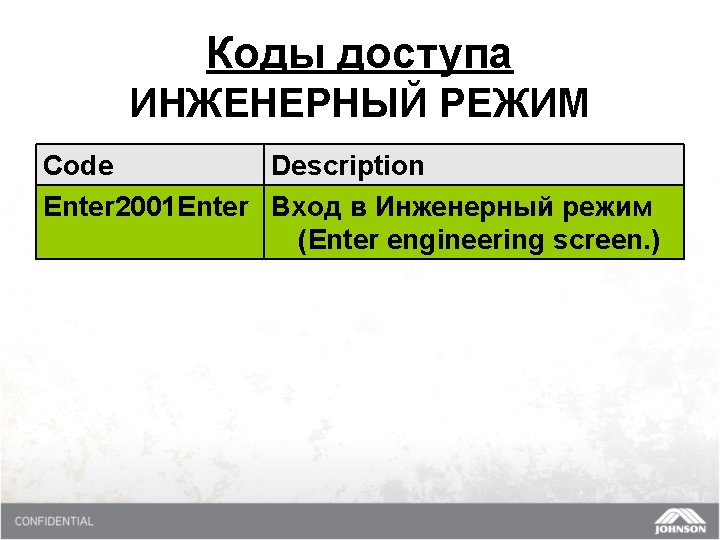 Коды доступа ИНЖЕНЕРНЫЙ РЕЖИМ Code Description Enter 2001 Enter Вход в Инженерный режим (Enter