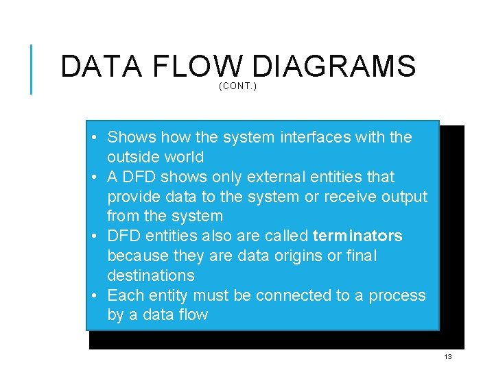DATA FLOW DIAGRAMS (CONT. ) • Shows how the system interfaces with the outside