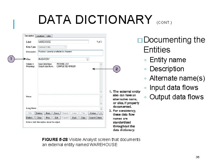 DATA DICTIONARY (CONT. ) � Documenting the Entities ◦ ◦ ◦ Entity name Description