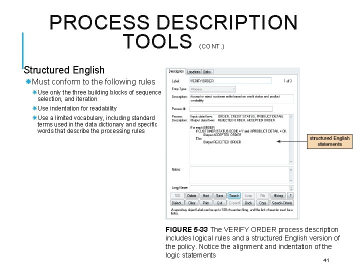 PROCESS DESCRIPTION TOOLS (CONT. ) Structured English Must conform to the following rules Use