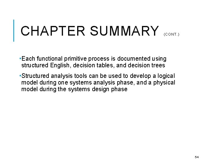 CHAPTER SUMMARY (CONT. ) • Each functional primitive process is documented using structured English,
