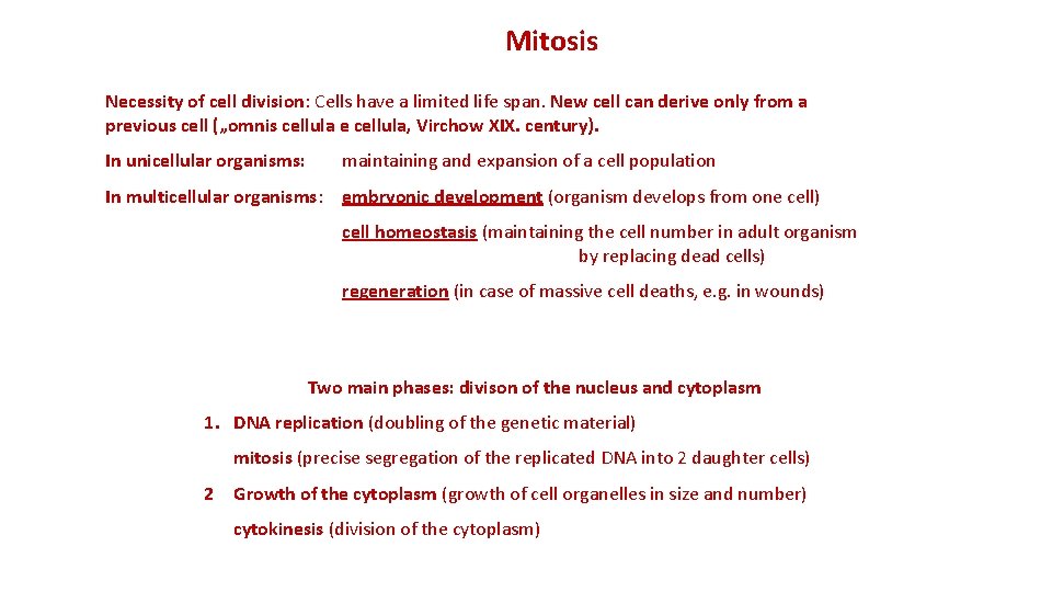 Mitosis Necessity of cell division: Cells have a limited life span. New cell can