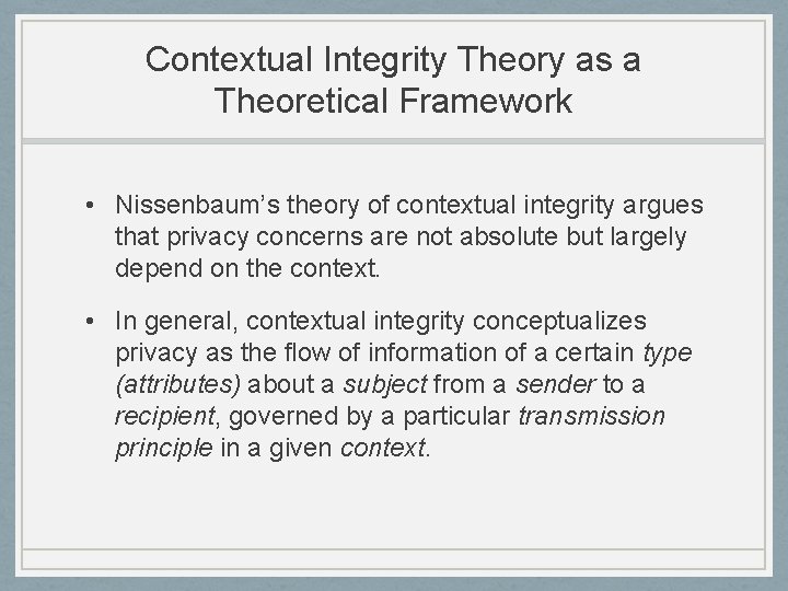 Contextual Integrity Theory as a Theoretical Framework • Nissenbaum’s theory of contextual integrity argues
