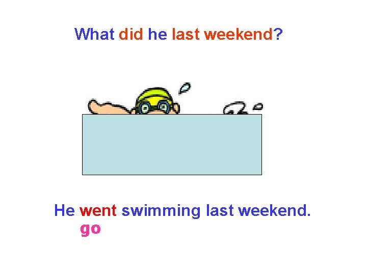 What did he last weekend? He went swimming last weekend. go What did he last weekend? He went swimming last weekend. go
