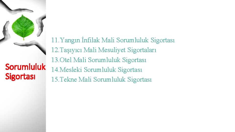 Sorumluluk Sigortası 11. Yangın İnfilak Mali Sorumluluk Sigortası 12. Taşıyıcı Mali Mesuliyet Sigortaları 13.