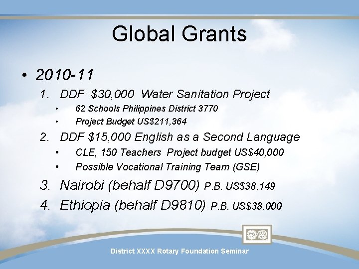 Global Grants • 2010 -11 1. DDF $30, 000 Water Sanitation Project • •