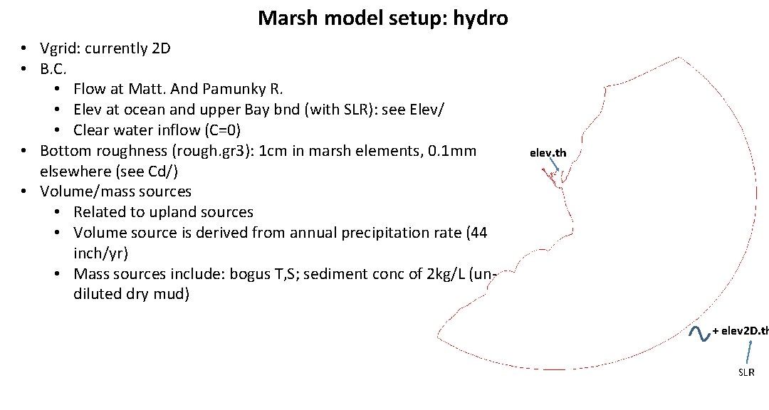 Marsh model setup: hydro • Vgrid: currently 2 D • B. C. • Flow
