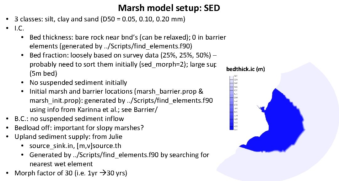 Marsh model setup: SED • 3 classes: silt, clay and sand (D 50 =