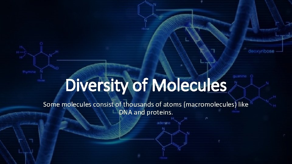 Diversity of Molecules Some molecules consist of thousands of atoms (macromolecules) like DNA and