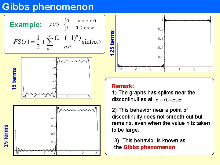 Gibbs phenomenon 25 terms 125 terms Example: Remark: 1) The graphs has spikes near