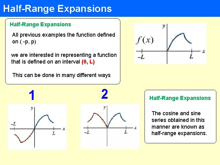 Half-Range Expansions All previous examples the function defined on ( -p, p) we are