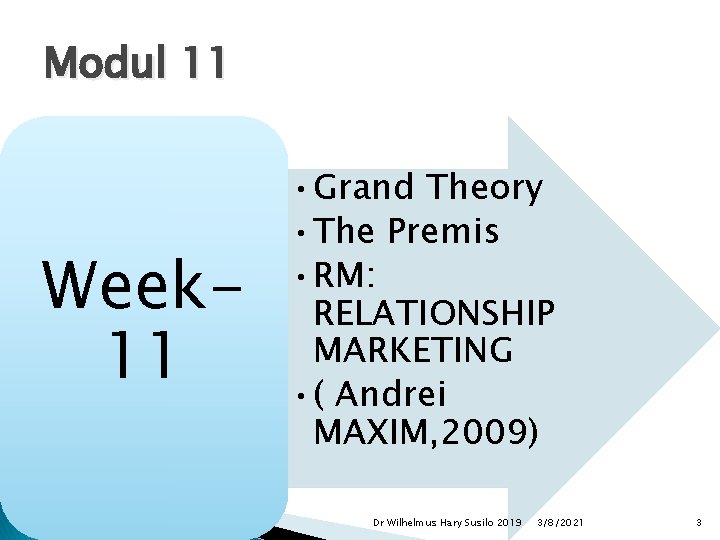 Modul 11 Week 11 • Grand Theory • The Premis • RM: RELATIONSHIP MARKETING