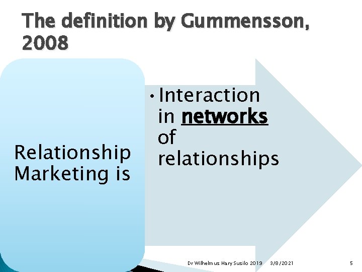 The definition by Gummensson, 2008 • Interaction in networks of Relationship relationships Marketing is