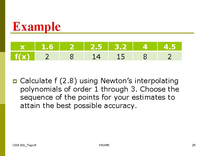 Example x f(x) p 1. 6 2 2 8 2. 5 14 3. 2